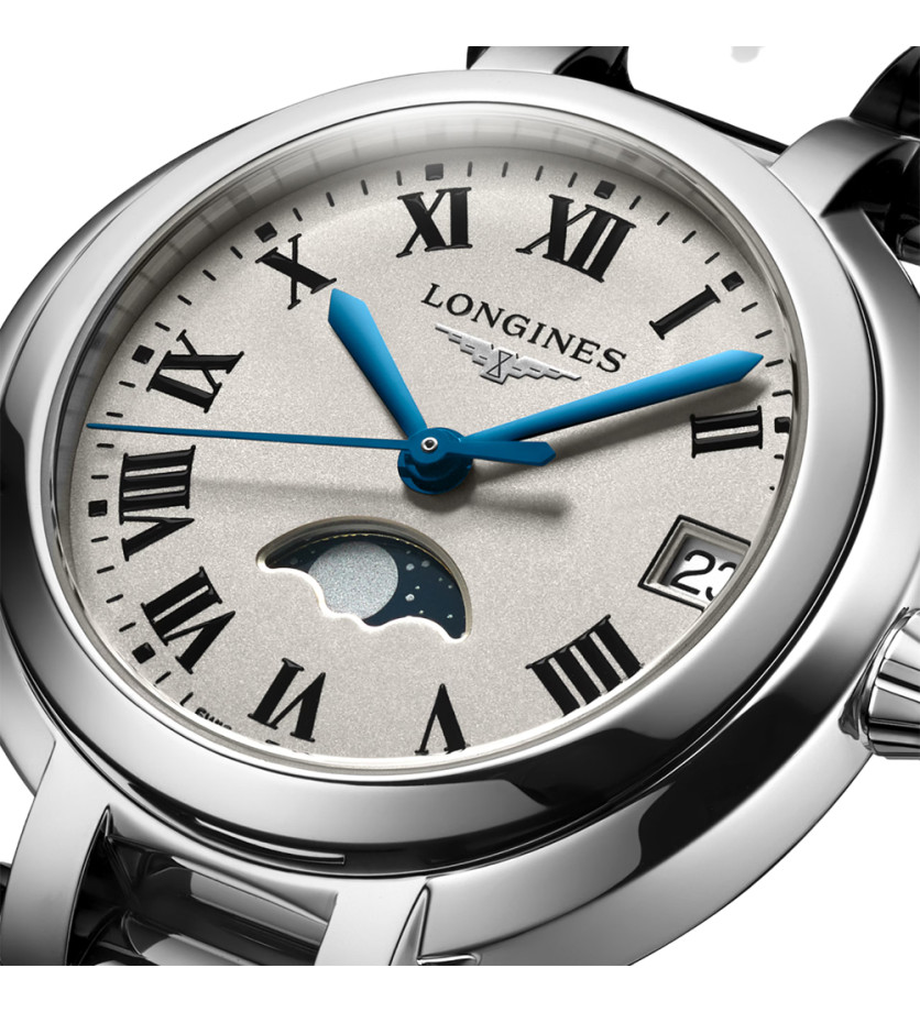 Montre Longines Primaluna Phase de Lune quartz cadran argenté bracelet acier 30,5 mm