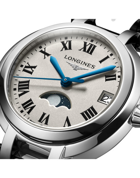 Montre Longines Primaluna Phase de Lune quartz cadran argenté bracelet acier 30,5 mm