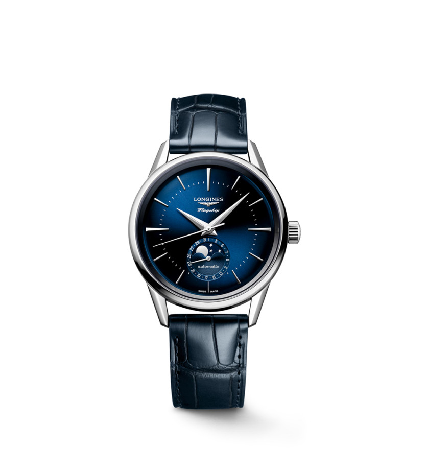 Montre Longines Flagship Heritage Phase de Lune automatique cadran bleu bracelet cuir bleu 38,5 mm