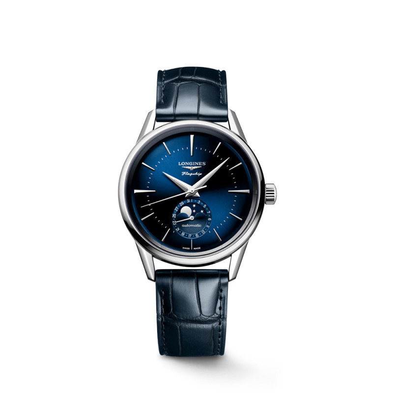 Montre Longines Flagship Heritage Phase de Lune automatique cadran bleu bracelet cuir bleu 38,5 mm