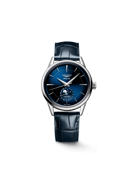 Montre Longines Flagship Heritage Phase de Lune automatique cadran bleu bracelet cuir bleu 38,5 mm