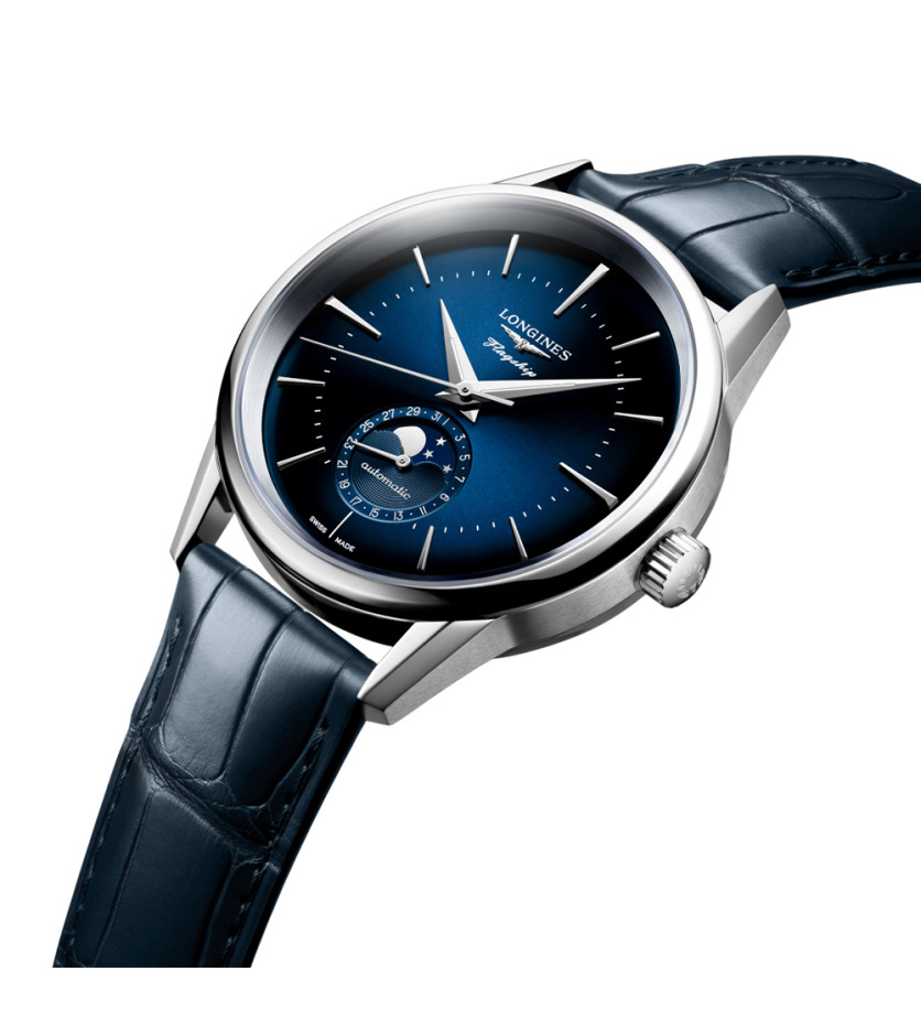 Montre Longines Flagship Heritage Phase de Lune automatique cadran bleu bracelet cuir bleu 38,5 mm