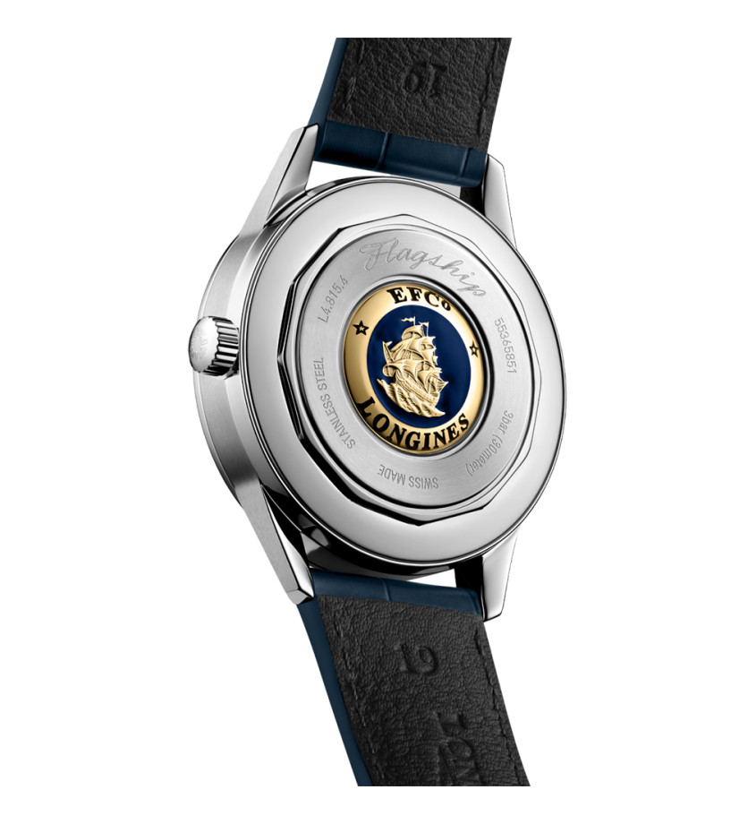 Montre Longines Flagship Heritage Phase de Lune automatique cadran bleu bracelet cuir bleu 38,5 mm