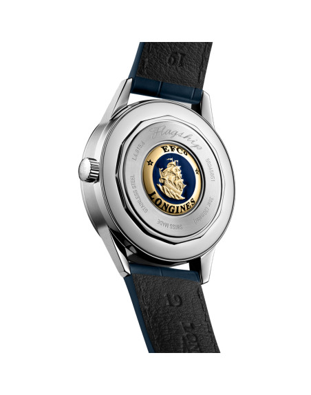 Montre Longines Flagship Heritage Phase de Lune automatique cadran bleu bracelet cuir bleu 38,5 mm