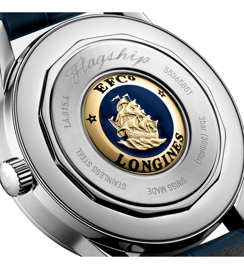 Montre Longines Flagship Heritage Phase de Lune automatique cadran bleu bracelet cuir bleu 38,5 mm