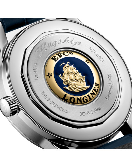 Montre Longines Flagship Heritage Phase de Lune automatique cadran bleu bracelet cuir bleu 38,5 mm