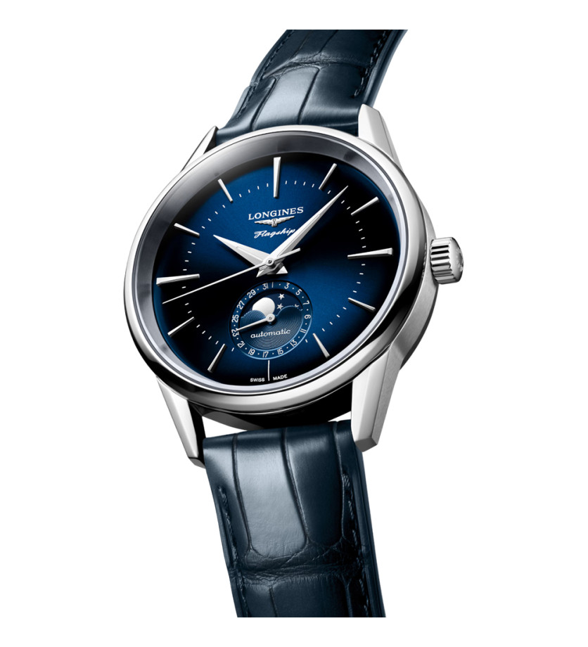 Montre Longines Flagship Heritage Phase de Lune automatique cadran bleu bracelet cuir bleu 38,5 mm