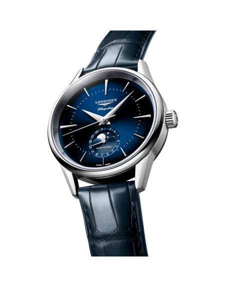 Montre Longines Flagship Heritage Phase de Lune automatique cadran bleu bracelet cuir bleu 38,5 mm