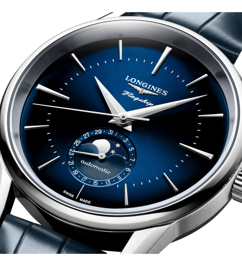 Montre Longines Flagship Heritage Phase de Lune automatique cadran bleu bracelet cuir bleu 38,5 mm