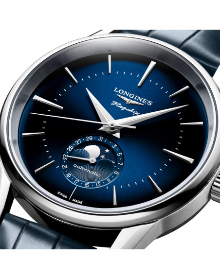 Montre Longines Flagship Heritage Phase de Lune automatique cadran bleu bracelet cuir bleu 38,5 mm