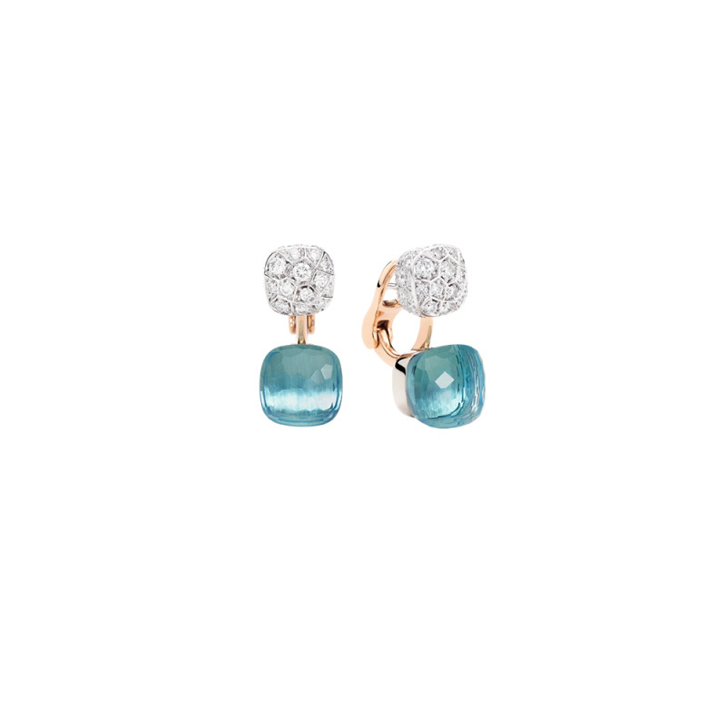 Boucles d'oreille Nudo or rose or blanc avec 2 topazes bleu ciel et diamants blancs