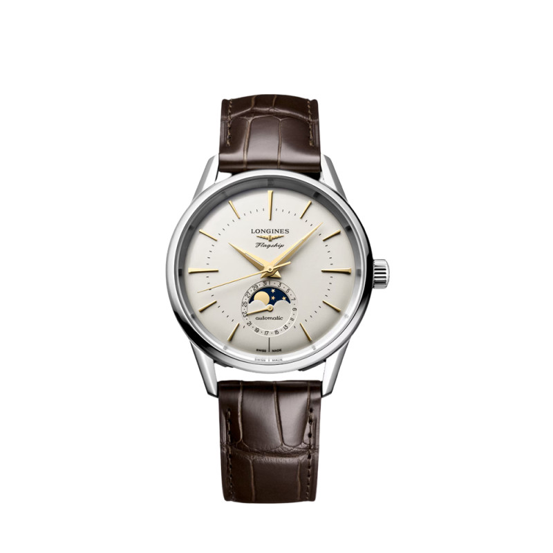 Montre Longines Flagship Heritage automatique cadran argenté bracelet cuir brun 38,5 mm