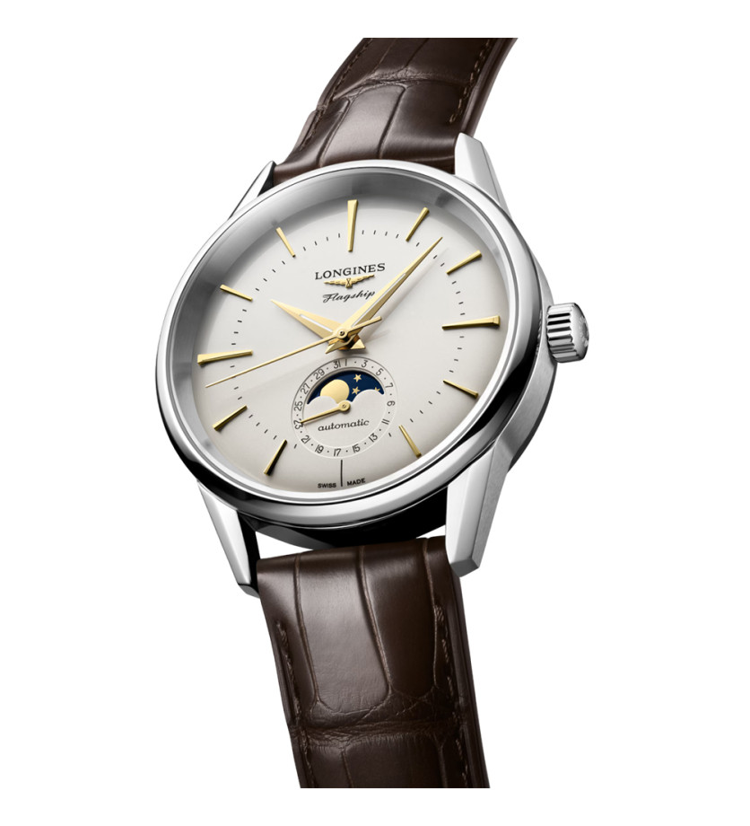 Montre Longines Flagship Heritage automatique cadran argenté bracelet cuir brun 38,5 mm