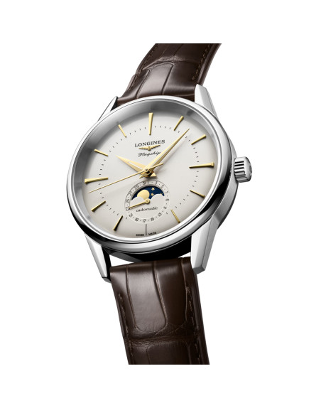 Montre Longines Flagship Heritage automatique cadran argenté bracelet cuir brun 38,5 mm