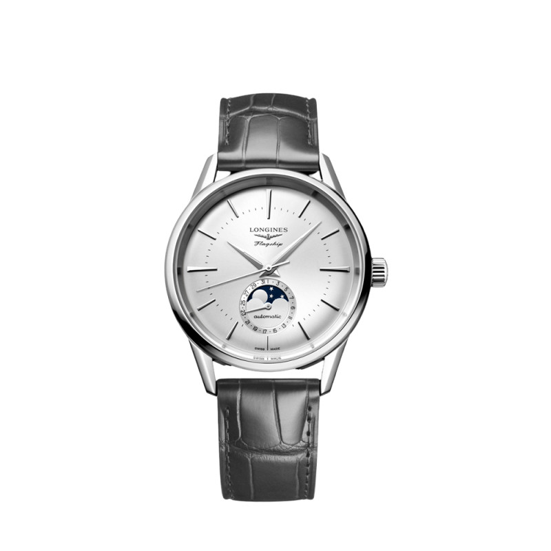 Montre Longines Flagship Heritage Phase de Lune automatique cadran argenté bracelet cuir gris 38,5 mm