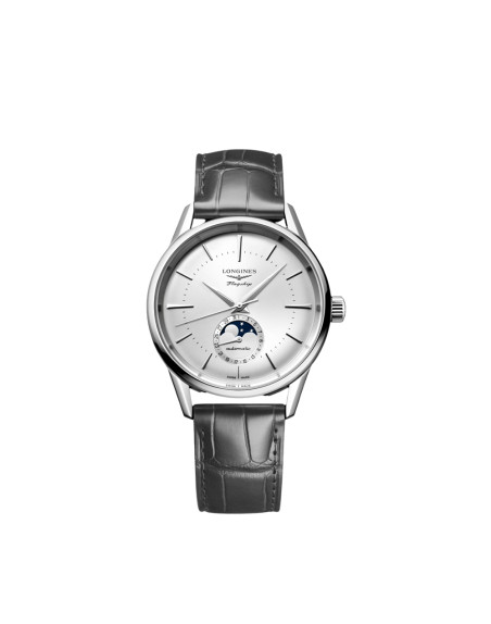 Montre Longines Flagship Heritage Phase de Lune automatique cadran argenté bracelet cuir gris 38,5 mm