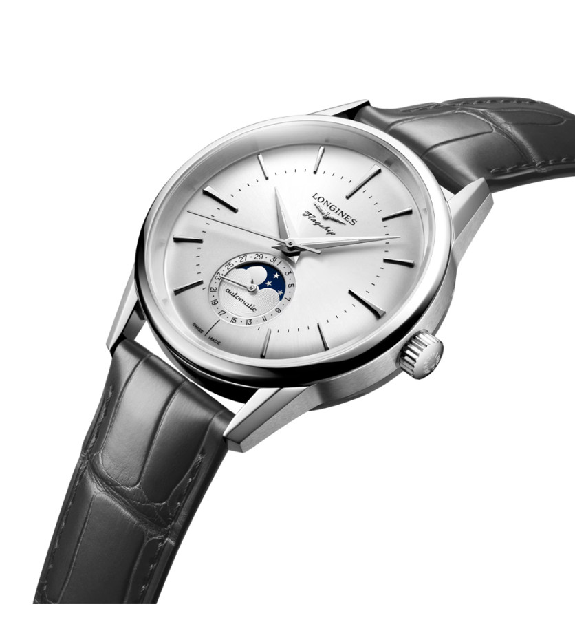 Montre Longines Flagship Heritage Phase de Lune automatique cadran argenté bracelet cuir gris 38,5 mm