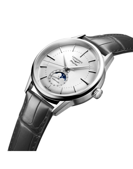 Montre Longines Flagship Heritage Phase de Lune automatique cadran argenté bracelet cuir gris 38,5 mm