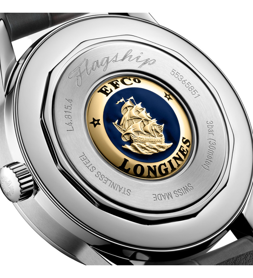 Montre Longines Flagship Heritage Phase de Lune automatique cadran argenté bracelet cuir gris 38,5 mm