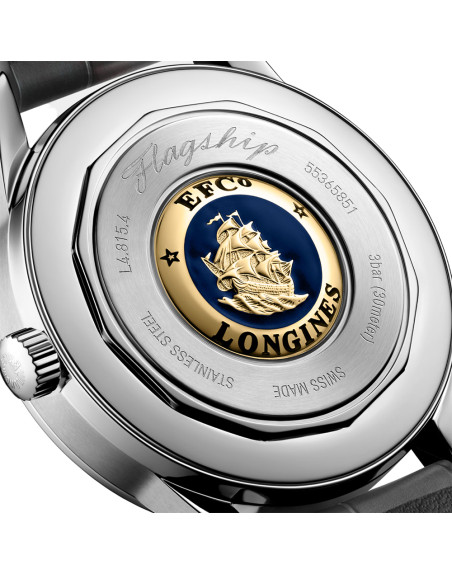 Montre Longines Flagship Heritage Phase de Lune automatique cadran argenté bracelet cuir gris 38,5 mm