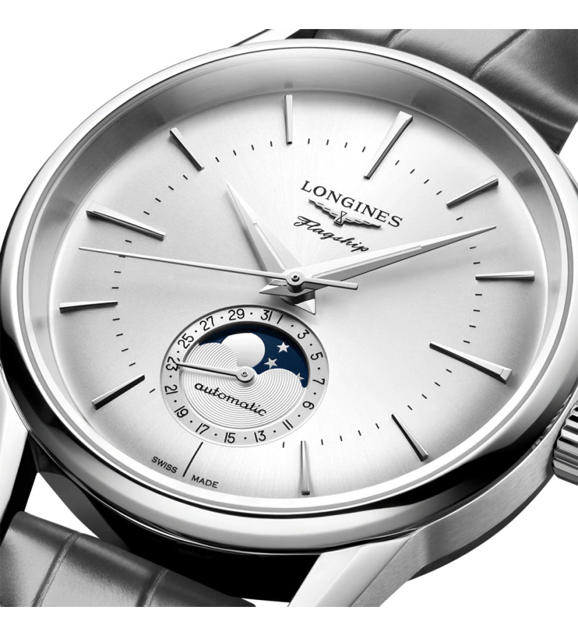 Montre Longines Flagship Heritage Phase de Lune automatique cadran argenté bracelet cuir gris 38,5 mm