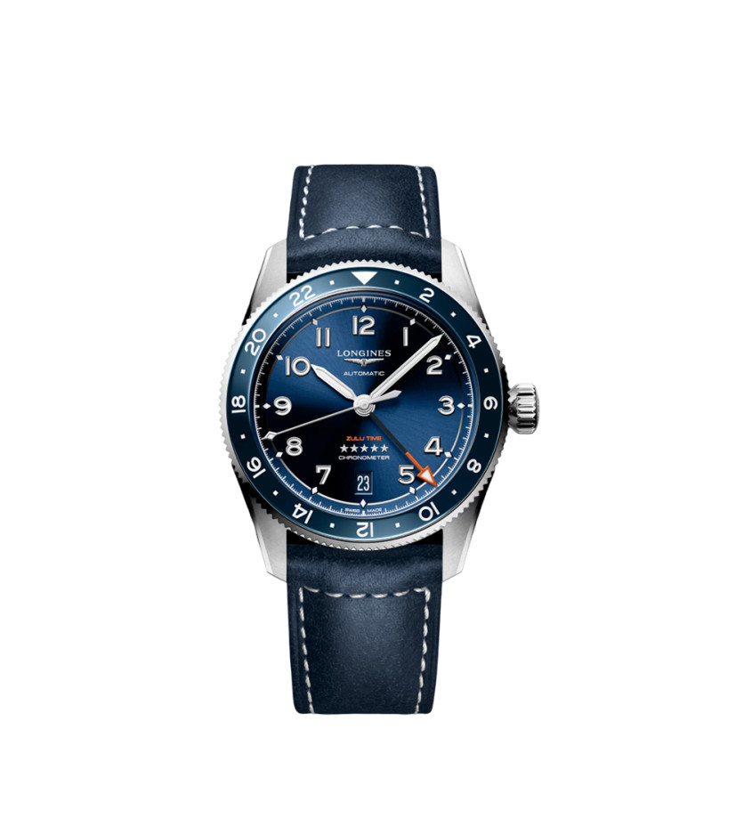 Montre Longines Spirit Zulu Time automatique cadran bleu bracelet cuir bleu 39 mm