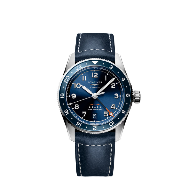 Montre Longines Spirit Zulu Time automatique cadran bleu bracelet cuir bleu 39 mm