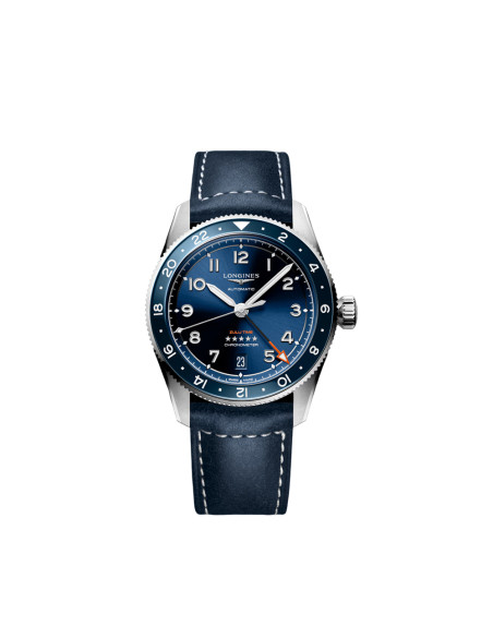 Montre Longines Spirit Zulu Time automatique cadran bleu bracelet cuir bleu 39 mm