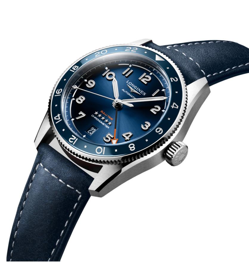 Montre Longines Spirit Zulu Time automatique cadran bleu bracelet cuir bleu 39 mm