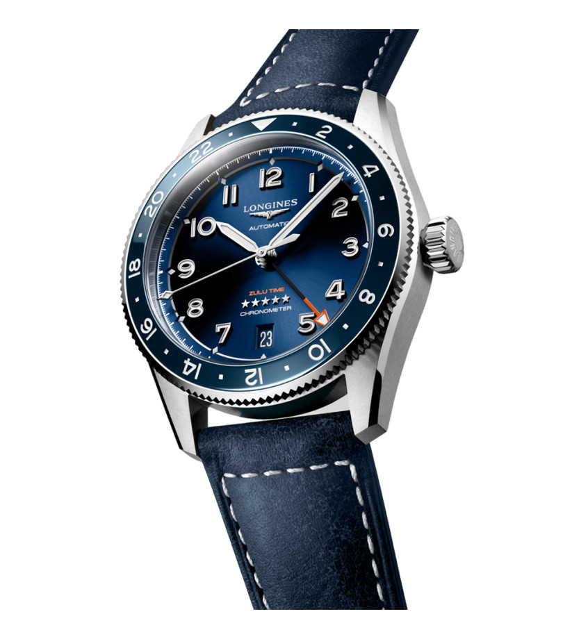 Montre Longines Spirit Zulu Time automatique cadran bleu bracelet cuir bleu 39 mm