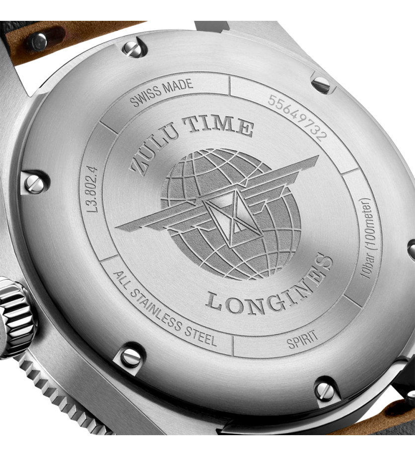 Montre Longines Spirit Zulu Time automatique cadran anthracite bracelet cuir beige 39 mm