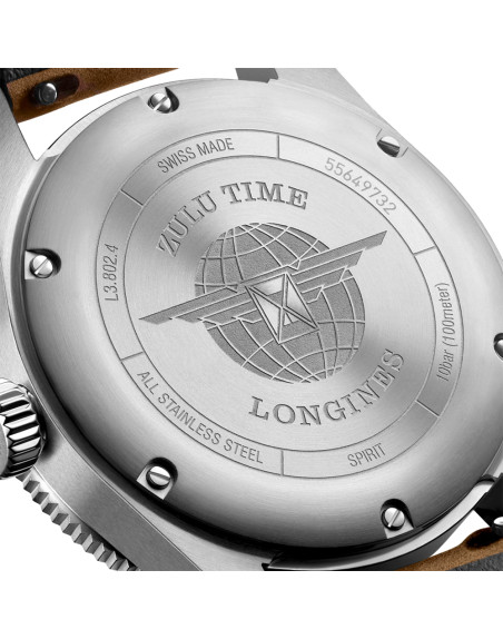 Montre Longines Spirit Zulu Time automatique cadran anthracite bracelet cuir beige 39 mm