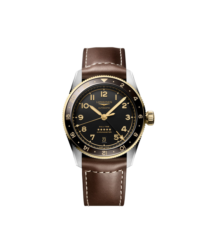 Montre Longines Spirit Zulu Time automatique cadran anthracite bracelet cuir brun 39 mm