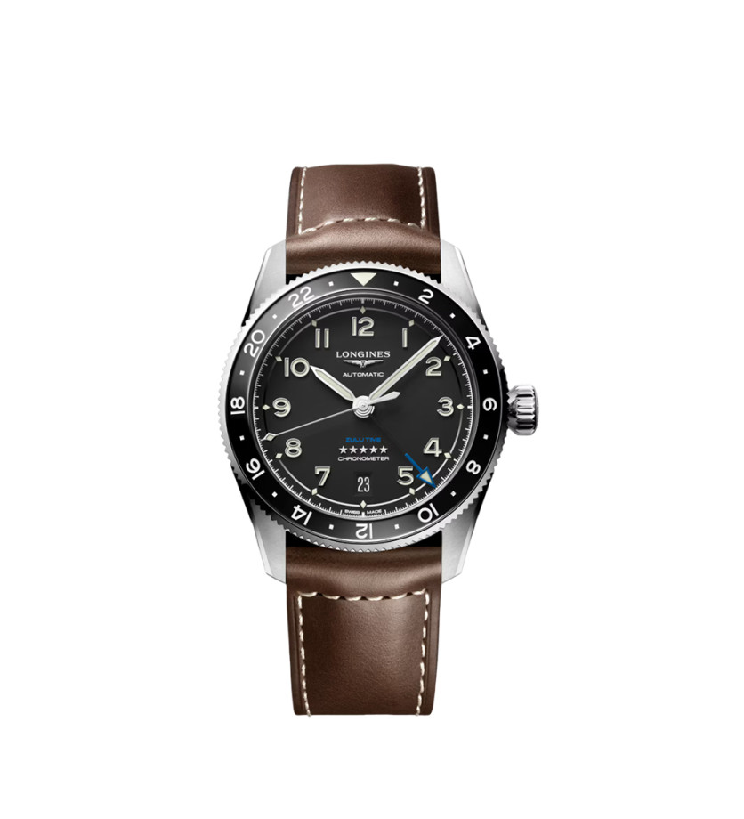 Montre Longines Spirit Zulu Time automatique cadran noir mat bracelet cuir brun 39 mm
