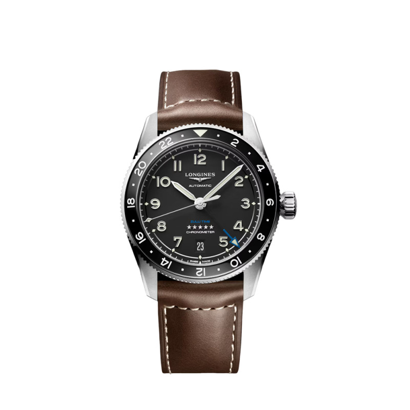 Montre Longines Spirit Zulu Time automatique cadran noir mat bracelet cuir brun 39 mm