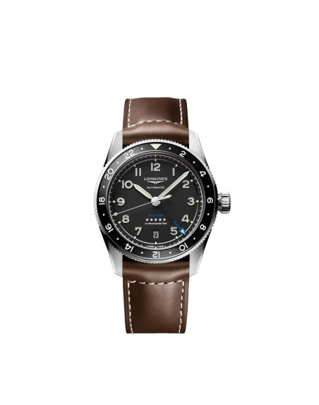 Montre Longines Spirit Zulu Time automatique cadran noir mat bracelet cuir brun 39 mm