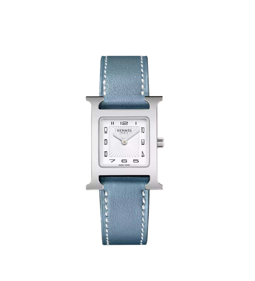 Montre Hermès Heure H quartz cadran blanc bracelet cuir bleu jean 25 mm