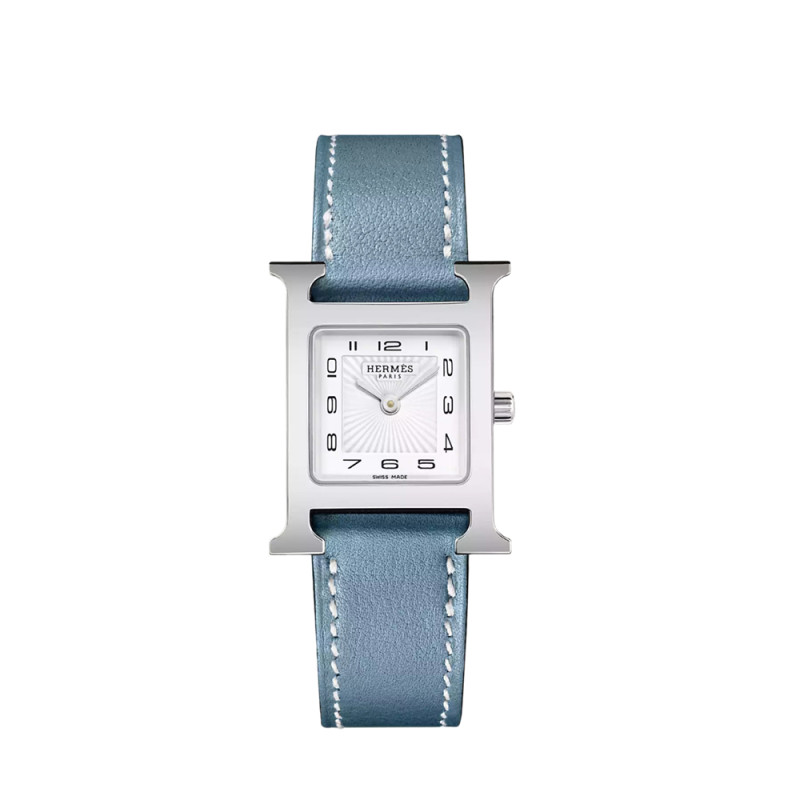 Montre Hermès Heure H quartz cadran blanc bracelet cuir bleu jean 25 mm Petit modèle