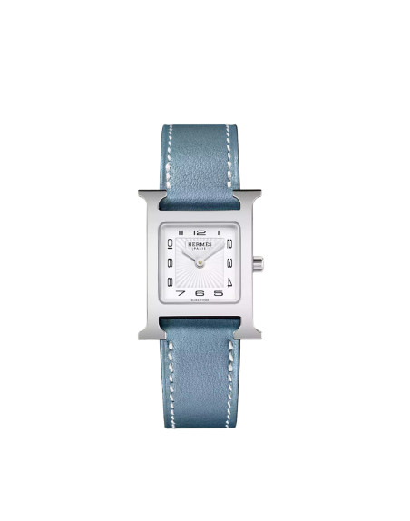 Montre Hermès Heure H quartz cadran blanc bracelet cuir bleu jean 25 mm