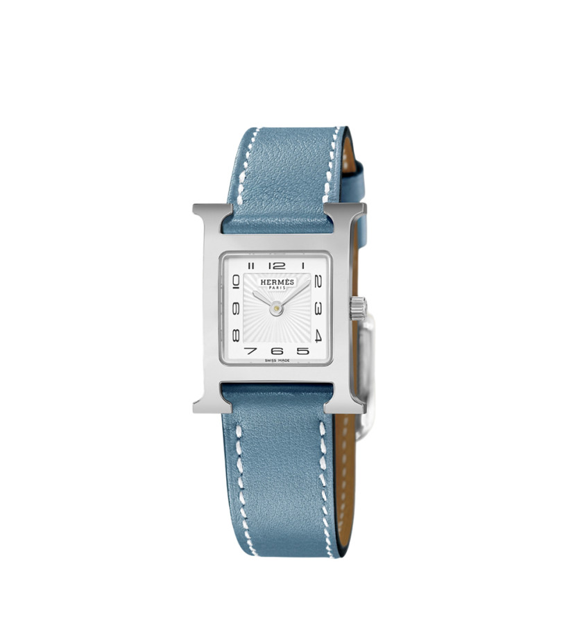 Montre Hermès Heure H quartz cadran blanc bracelet cuir bleu jean 25 mm