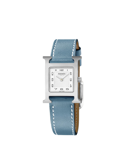 Montre Hermès Heure H quartz cadran blanc bracelet cuir bleu jean 25 mm