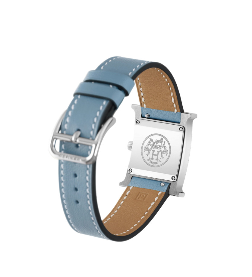 Montre Hermès Heure H quartz cadran blanc bracelet cuir bleu jean 25 mm