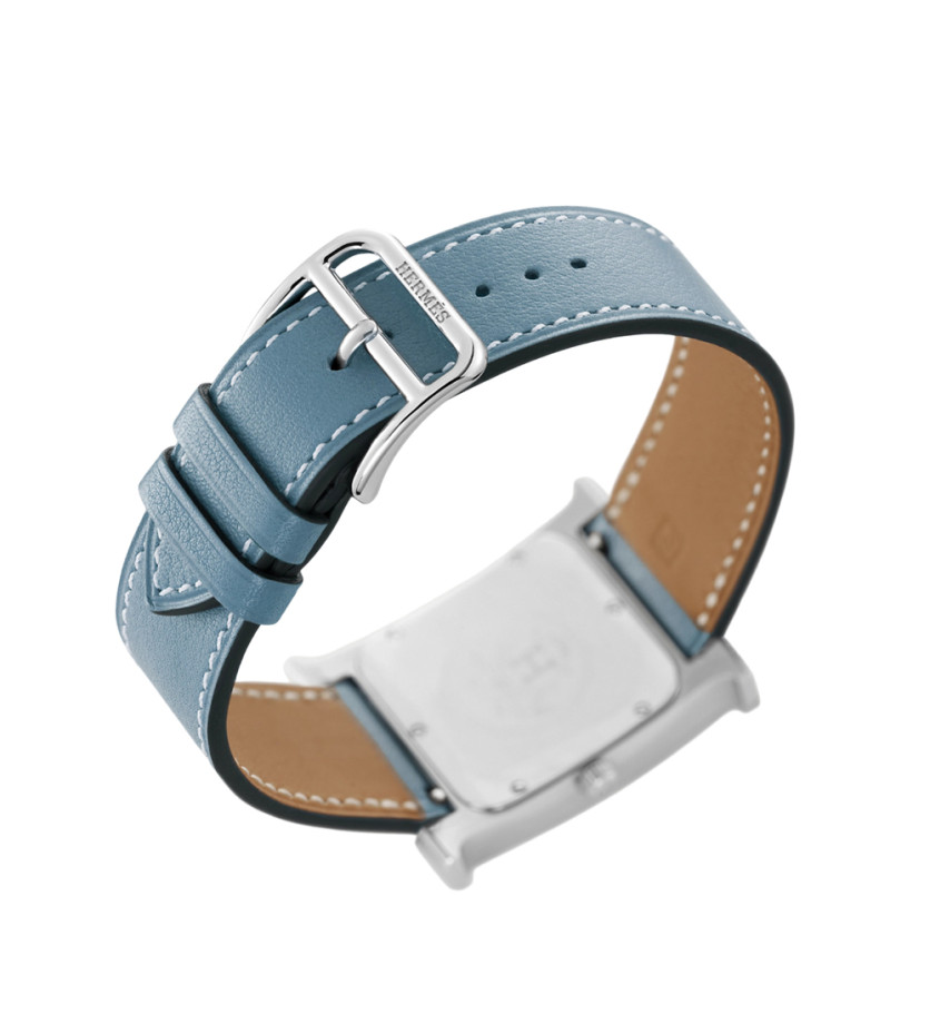 Montre Hermès Heure H quartz cadran blanc bracelet cuir bleu jean 25 mm