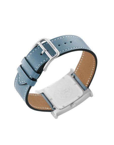 Montre Hermès Heure H quartz cadran blanc bracelet cuir bleu jean 25 mm