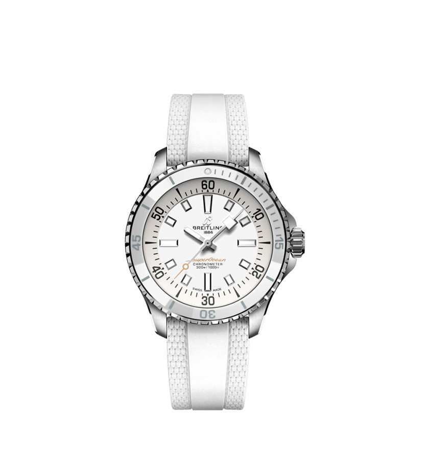 Montre Breitling Superocean automatique cadran blanc bracelet caoutchouc blanc 36 mm
