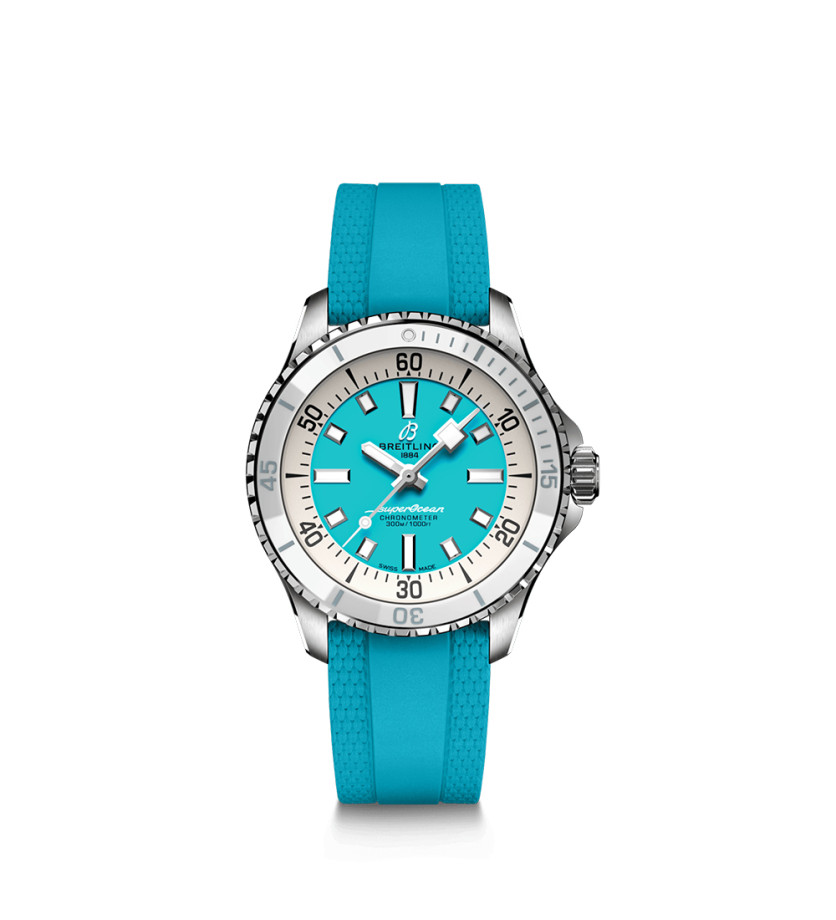 Montre Breitling Superocean automatique cadran turquoise bracelet caoutchouc turquoise 36 mm