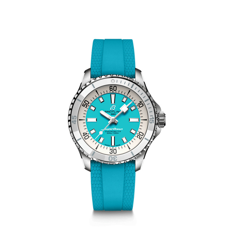 Montre Breitling Superocean automatique cadran turquoise bracelet caoutchouc turquoise 36 mm