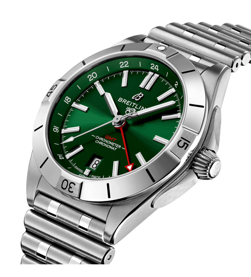 Montre Breitling Chronomat automatique GMT cadran vert bracelet acier 40 mm