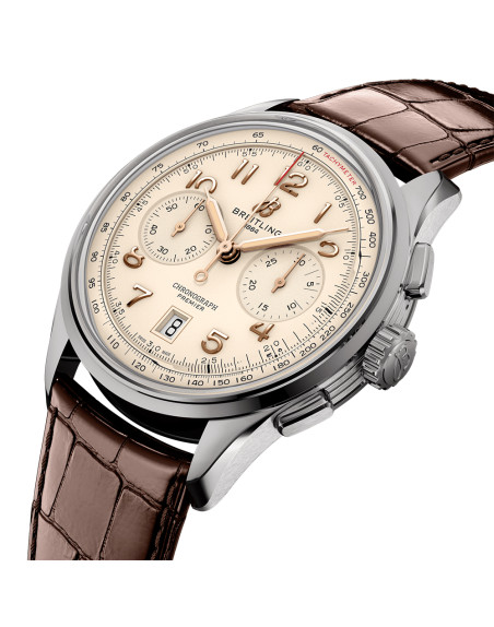 Montre Breitling Premier B01 Chronograph automatique cadran beige bracelet cuir brun 42 mm