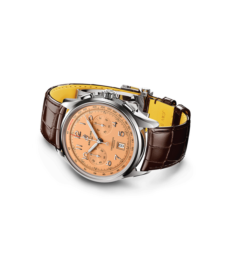 Montre Breitling Premier B01 Chronograph automatique cadran saumon bracelet cuir brun 42 mm